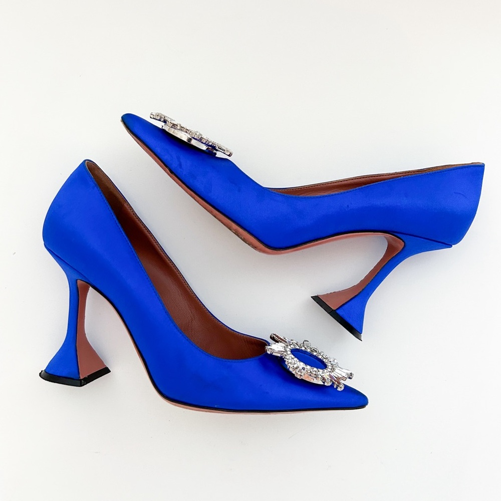 Amina Muaddi Begum Electric Blue Satin Crystal Rhinestone Pumps High Heels 37 - Picture 6 of 12